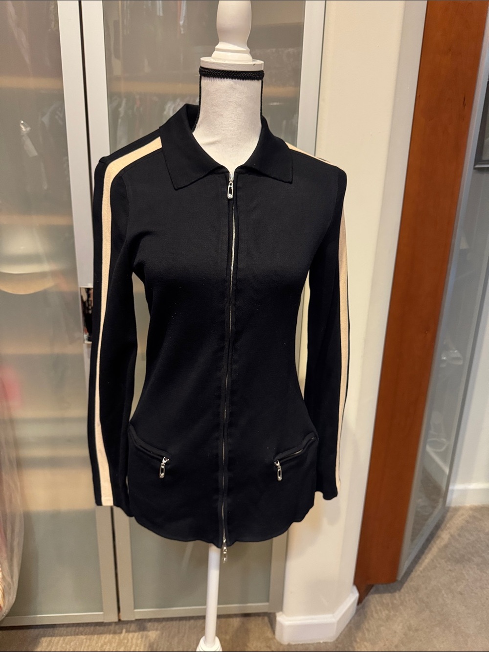 Escada Black Zip-Front Bomber Jacket with Cream Stripes